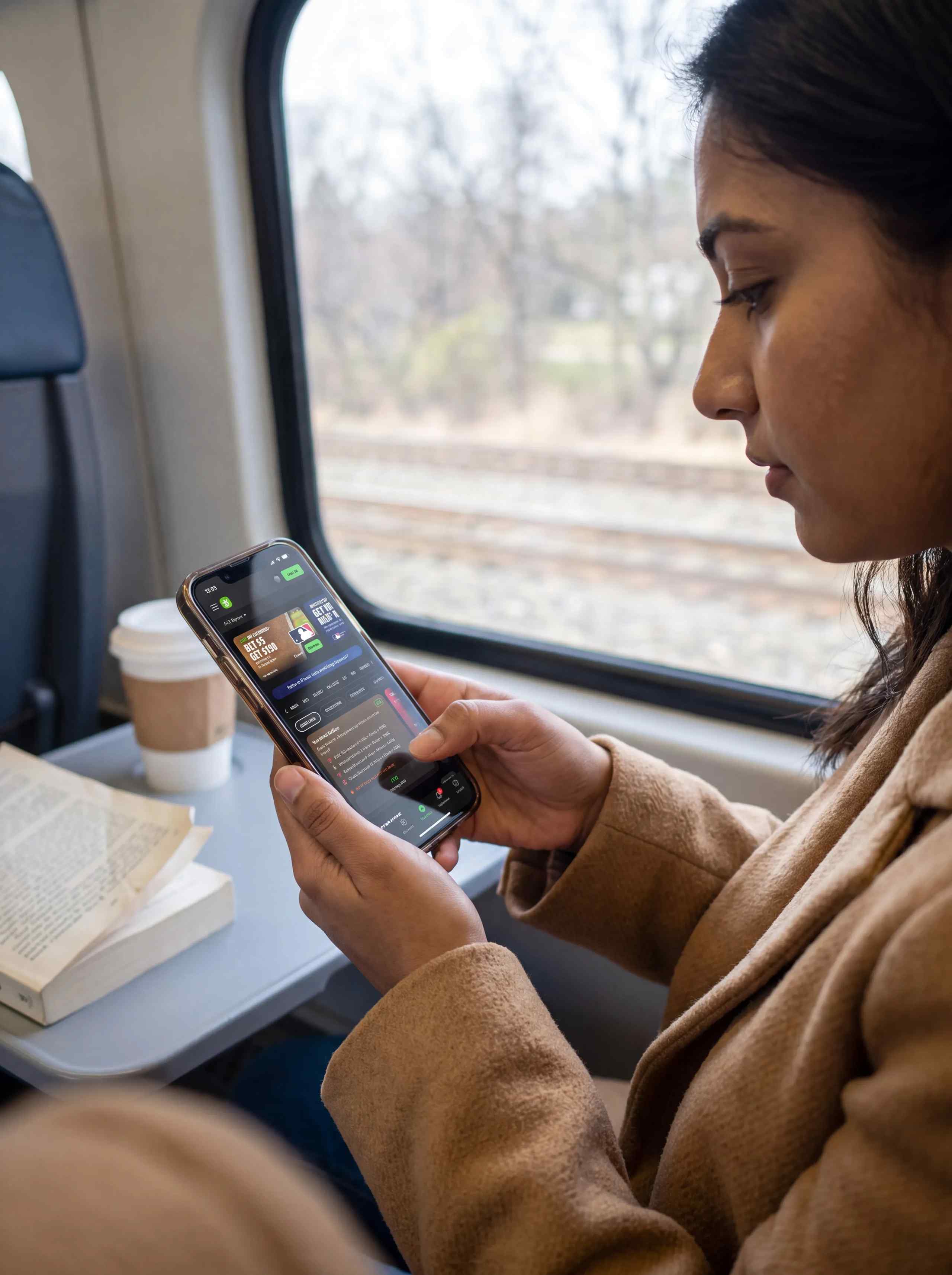 A woman checking odds on the train.